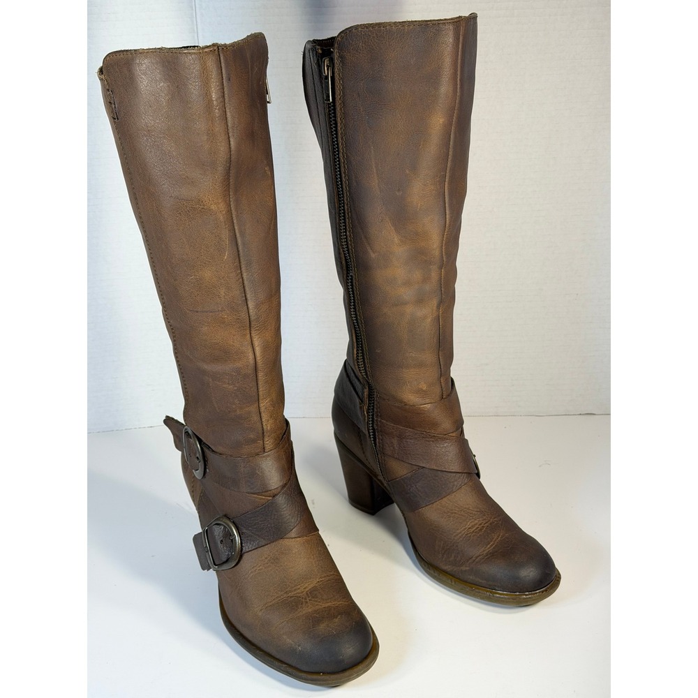 Born Crown Brown Leather Tall Knee High Buckle Moto Boots Block Heel Womens 8 - Picture 2 of 14